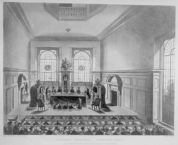 Drawing of the state lottery taking place in Coopers Hall, City of London, 1809