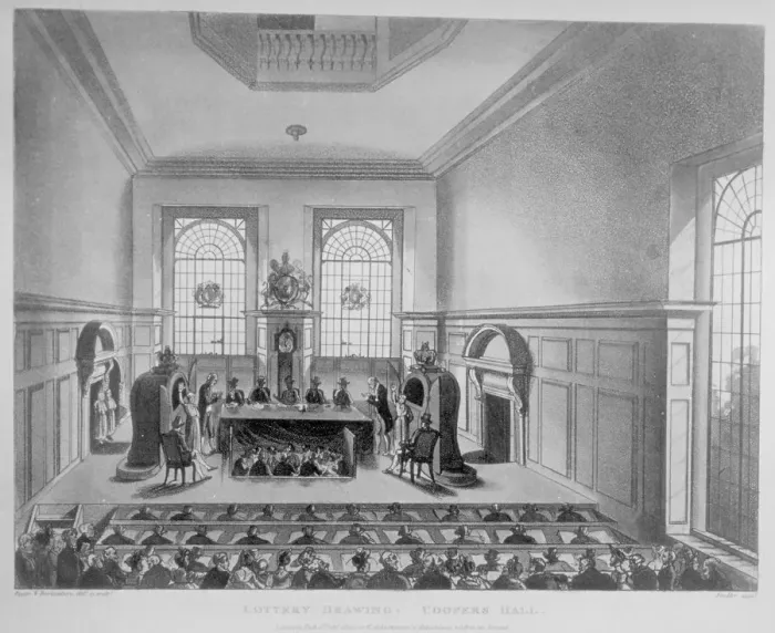 Framed Print : Drawing of the state lottery taking place in Coopers Hall, City of London, 1809 Framed Print : Drawing of the state lottery taking place in Coopers Hall, City of London, 1809