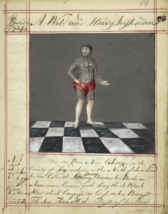 Framed Print : Drawing of a wild and hairy Irishman, born near Coleraine, Ireland; with text, 1730s. Creator: James Paris du Plessis Framed Print : Drawing of a wild and hairy Irishman, born near Coleraine, Ireland; with text, 1730s. Creator: James Paris du Plessis