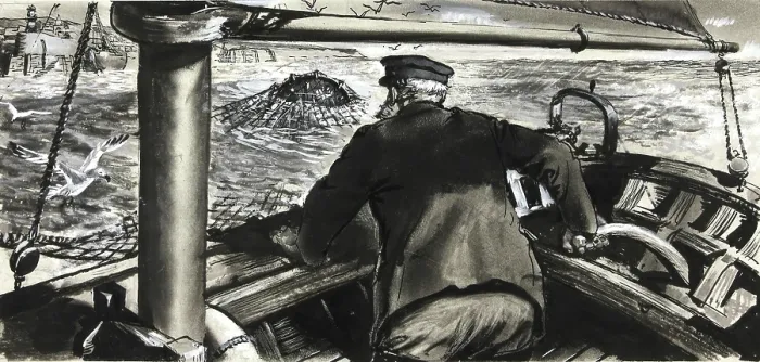 Framed Print : Drawings for Magazines: Ditty Box: Drawing: mine in fishing trawl net, between 1939 and 1946. Creators: Unknown, Central Office of Information Framed Print : Drawings for Magazines: Ditty Box: Drawing: mine in fishing trawl net, between 1939 and 1946. Creators: Unknown, Central Office of Information
