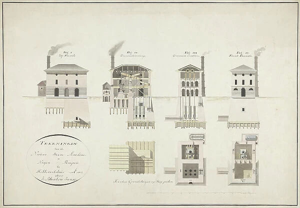 Drawings of the new steam engine for nine pumps in Hellevoetsluis, 1802. Creator: Jan Blanken