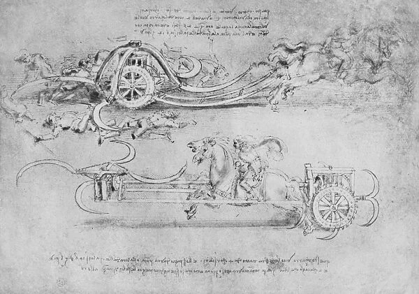Drawings of Two Types of Chariot Armed with Scythes, c1480 (1945). Artist: Leonardo da Vinci