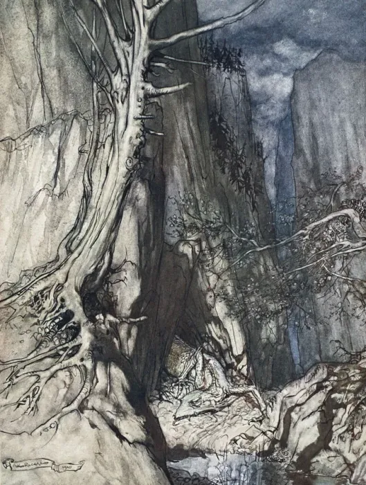 Framed Print : There is a dread Dragon he sojourns, and in a cave keeps watch over Alberichs ring, 1910 Framed Print : There is a dread Dragon he sojourns, and in a cave keeps watch over Alberichs ring, 1910