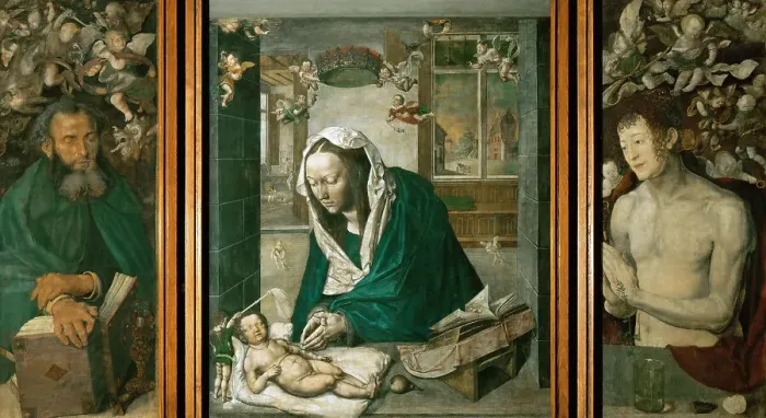 Framed Print : Dresden Altarpiece: central panel: Madonna Adoring the Child. The side panels: Saint Anthony and Sai Creator: Dürer, Albrecht (1471-1528) Framed Print : Dresden Altarpiece: central panel: Madonna Adoring the Child. The side panels: Saint Anthony and Sai Creator: Dürer, Albrecht (1471-1528)