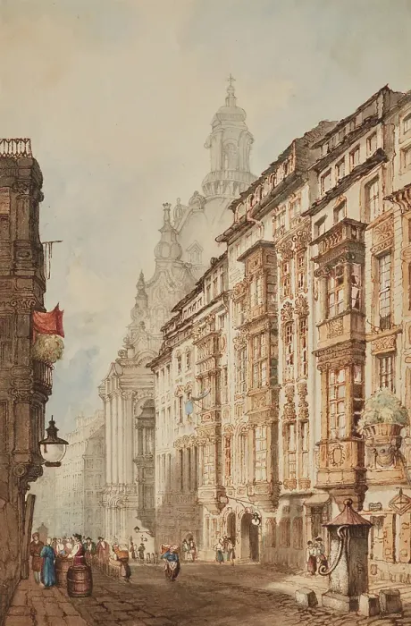 Framed Print : Dresden: The Church of Notre Dame from the Rampische Gasse. Creator: Samuel Prout Framed Print : Dresden: The Church of Notre Dame from the Rampische Gasse. Creator: Samuel Prout