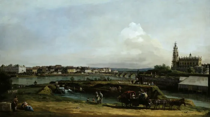 Framed Print : Dresden seen from the left bank of the Elbe river, below the fortifications, 1748