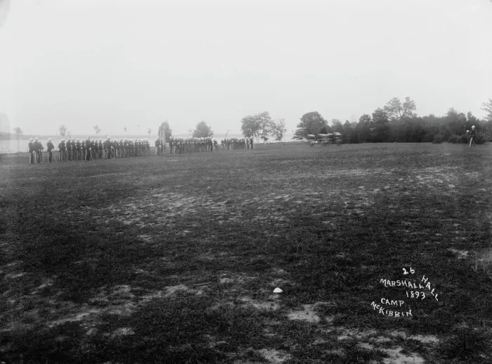 Framed Print : Dress parade - Camp McKibbin, Marshall Hall, [Maryland?], 1893. Creator: Unknown