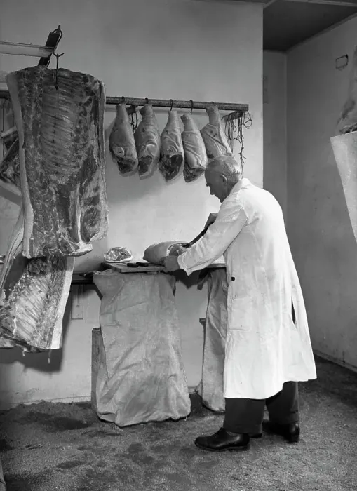 Framed Print : Dressing meat for sale, Rawmarsh, South Yorkshire, 1955. Artist: Michael Walters Framed Print : Dressing meat for sale, Rawmarsh, South Yorkshire, 1955. Artist: Michael Walters