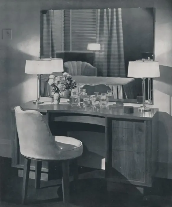 Framed Print : Dressing table in American walnut with swivel dressing chair to match, 1942 Framed Print : Dressing table in American walnut with swivel dressing chair to match, 1942