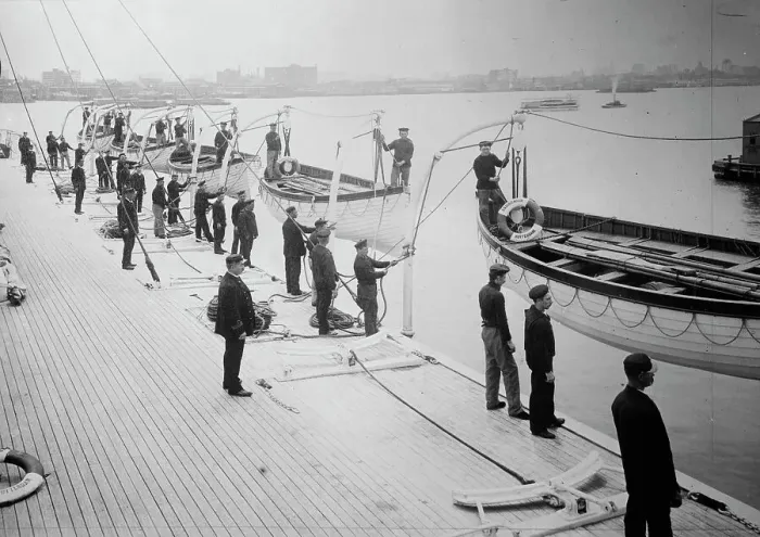 Framed Print : Drill, Holland America Line - life boats ready to launch, between c1910 and c1915. Creator: Bain News Service Framed Print : Drill, Holland America Line - life boats ready to launch, between c1910 and c1915. Creator: Bain News Service