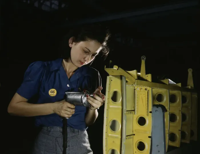 Framed Print : Drilling horizontal stabilizers... this woman worker at Vultee-Nashville... Tennessee, 1943. Creator: Alfred T Palmer Framed Print : Drilling horizontal stabilizers... this woman worker at Vultee-Nashville... Tennessee, 1943. Creator: Alfred T Palmer
