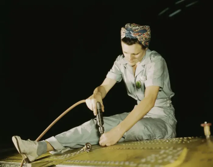 Framed Print : Drilling on a Liberator Bomber, Consolidated Aircraft Corp. Fort Worth, Texas, 1942. Creator: Howard Hollem Framed Print : Drilling on a Liberator Bomber, Consolidated Aircraft Corp. Fort Worth, Texas, 1942. Creator: Howard Hollem