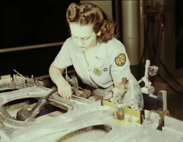 Framed Print : Drilling a wing bulkhead for a transport plane at the Consolidated Air... Fort Worth, Texas, 1942. Creator: Howard Hollem Framed Print : Drilling a wing bulkhead for a transport plane at the Consolidated Air... Fort Worth, Texas, 1942. Creator: Howard Hollem