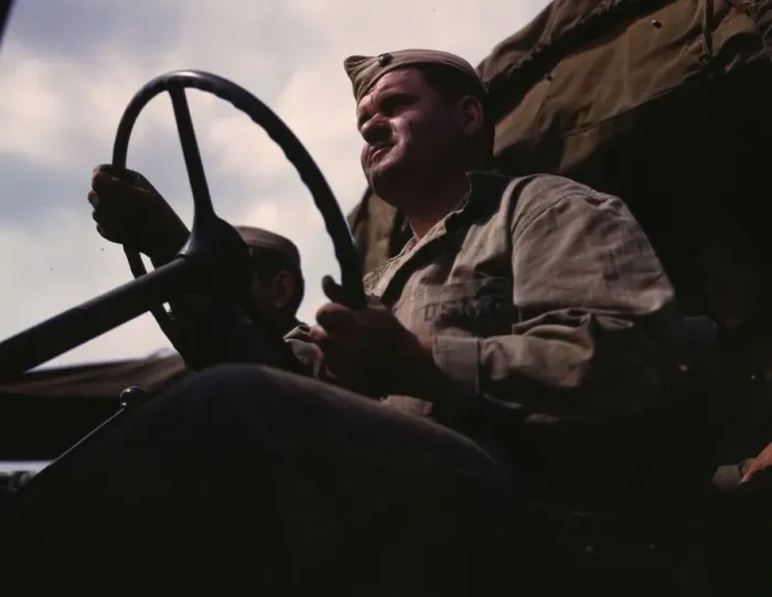 Framed Print : Driver of Marine truck at New River, N. C. 1942. Creator: Alfred T Palmer Framed Print : Driver of Marine truck at New River, N. C. 1942. Creator: Alfred T Palmer