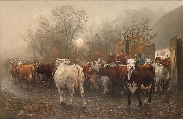 Driving Cows out of the Cowhouse, 1885. Creator: Otto Bache