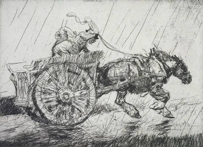 Framed Print : Driving home in the rain, 1914. Creator: Edmund Blampied Framed Print : Driving home in the rain, 1914. Creator: Edmund Blampied