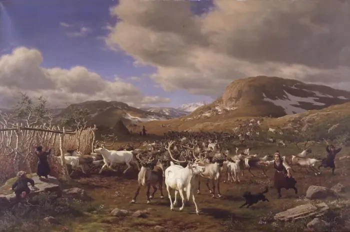 Framed Print : Driving a reindeer herd to milking, high mountains north of Roros, 1875. Creator: Carl Henrik Bogh