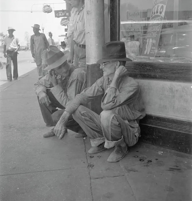 Framed Print : Drought farmers line the shady side of the main street of the town, Sallisaw, Oklahoma, 1936. Creator: Dorothea Lange Framed Print : Drought farmers line the shady side of the main street of the town, Sallisaw, Oklahoma, 1936. Creator: Dorothea Lange
