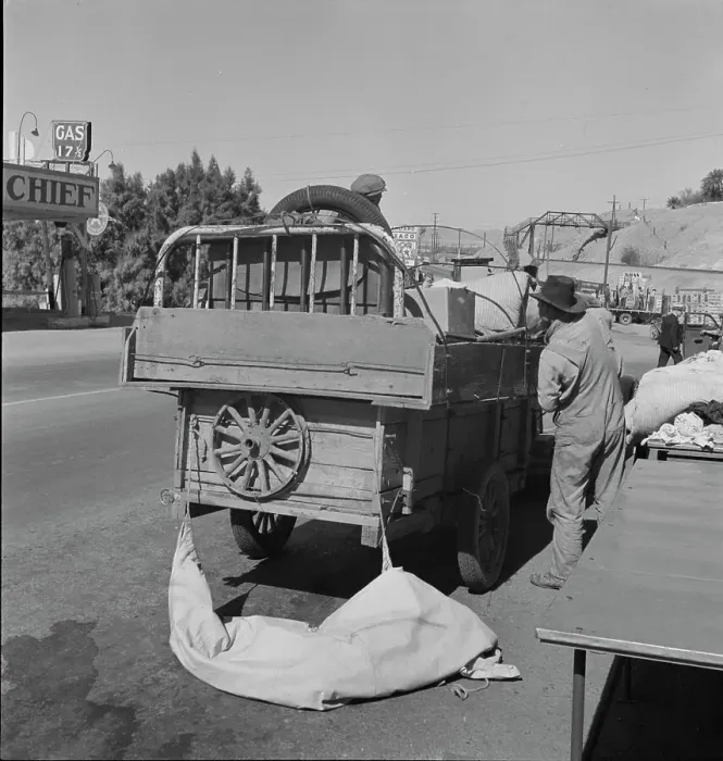 Framed Print : Drought refugees stopped at inspection station on the California-Arizona state line, 1937. Creator: Dorothea Lange Framed Print : Drought refugees stopped at inspection station on the California-Arizona state line, 1937. Creator: Dorothea Lange