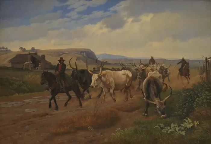 Framed Print : A Drove of Oxen in the Roman Campagna, 1845. Creator: Johan Thomas Lundbye Framed Print : A Drove of Oxen in the Roman Campagna, 1845. Creator: Johan Thomas Lundbye