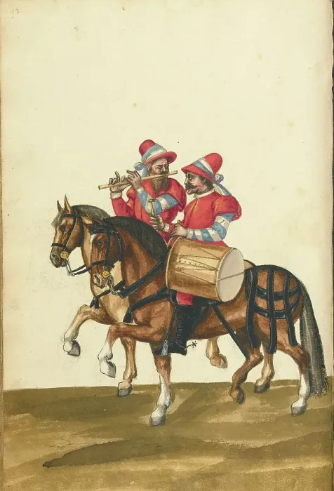 Framed Print : A Drummer and a Flute Player on Horseback, about 1560-1570. Creator: Unknown Framed Print : A Drummer and a Flute Player on Horseback, about 1560-1570. Creator: Unknown