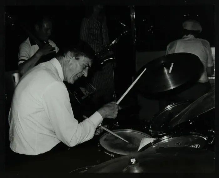 Framed Print : Drummer Jack Parnell playing at the Middlesex and Herts Country Club, Harrow Weald, London, 1981 Framed Print : Drummer Jack Parnell playing at the Middlesex and Herts Country Club, Harrow Weald, London, 1981
