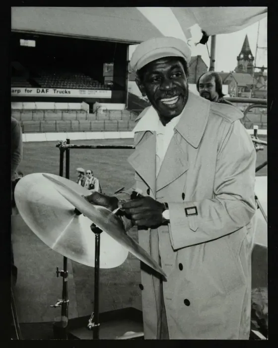 Framed Print : Drummer Mickey Roker at the Newport Jazz Festival, Ayresome Park, Middlesbrough, 1978 Framed Print : Drummer Mickey Roker at the Newport Jazz Festival, Ayresome Park, Middlesbrough, 1978