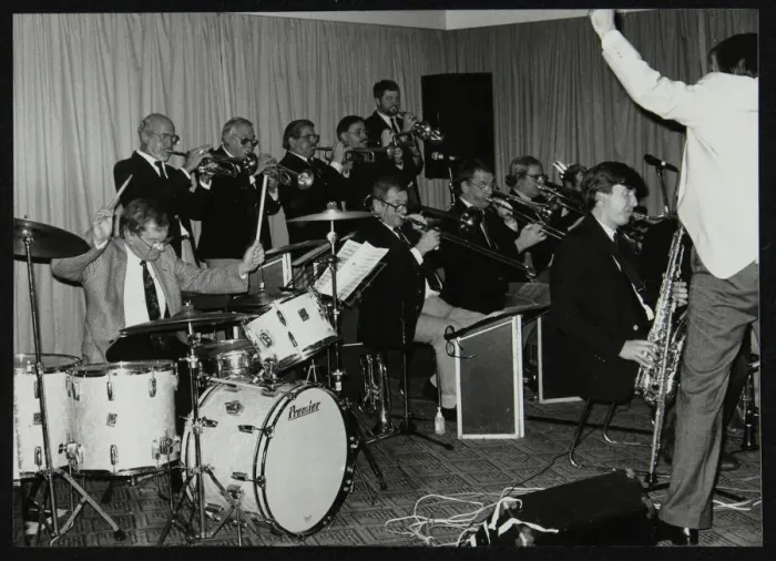 Framed Print : Drummer Ronnie Verrell and the Sound of 17 Big Band at The Fairway, Welwyn Garden City, Herts, 1991 Framed Print : Drummer Ronnie Verrell and the Sound of 17 Big Band at The Fairway, Welwyn Garden City, Herts, 1991