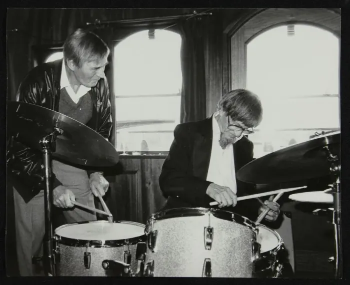 Framed Print : Drummers Jack Parnell and Barrett Deems, London, 1984. Artist: Denis Williams Framed Print : Drummers Jack Parnell and Barrett Deems, London, 1984. Artist: Denis Williams