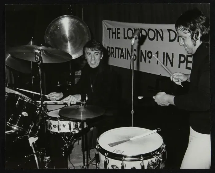 Framed Print : Drummers Kenny Clare Les DeMerle, London 1979. Artist: Denis Williams Framed Print : Drummers Kenny Clare Les DeMerle, London 1979. Artist: Denis Williams