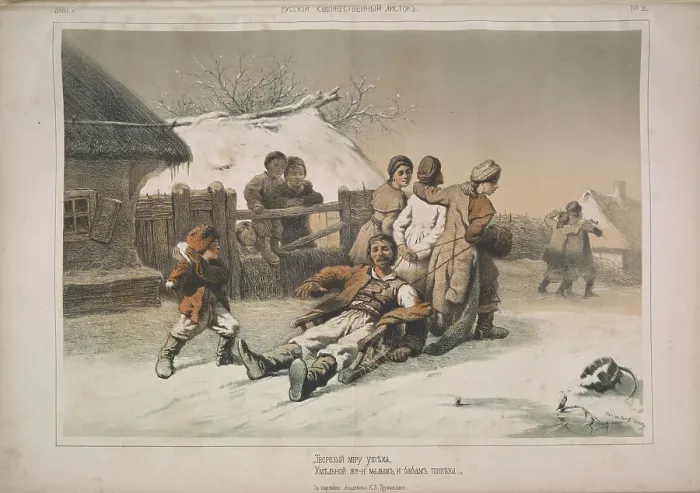 Framed Print : Drunk man - fun for children and women, 1861. Creator: Timm, Wassili (George Wilhelm) (1820-1895)