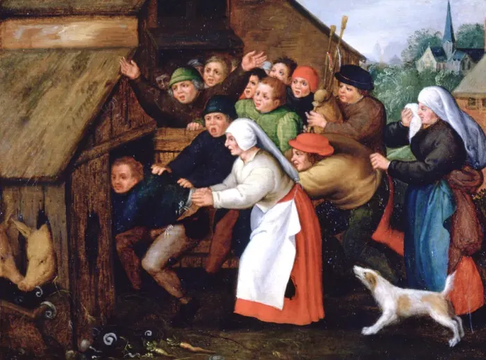 Framed Print : The Drunkard Pushed into the Pigsty, 1564-1638. Artist: Pieter Brueghel the Younger Framed Print : The Drunkard Pushed into the Pigsty, 1564-1638. Artist: Pieter Brueghel the Younger