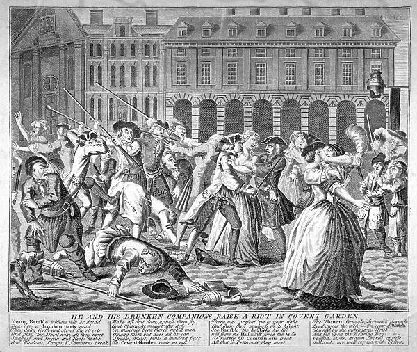 He and his drunken companions raise a riot in Covent Garden, 1735. Artist
