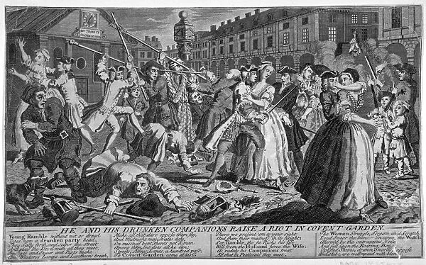 He and his drunken companions raise a riot in Covent Garden, 1735