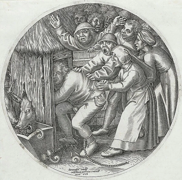 The Drunken Peasant Pushed into a Pigsty, 1568. Creator: Jan Wierix