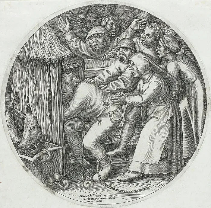 Framed Print : The Drunken Peasant Pushed into a Pigsty, 1568. Creator: Jan Wierix Framed Print : The Drunken Peasant Pushed into a Pigsty, 1568. Creator: Jan Wierix
