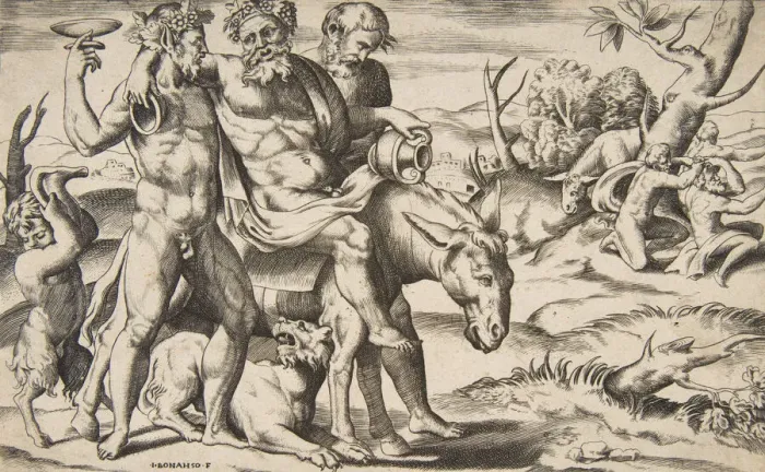 Framed Print : A drunken Silenus riding an ass being supported by satyrs, 1531-76 Framed Print : A drunken Silenus riding an ass being supported by satyrs, 1531-76