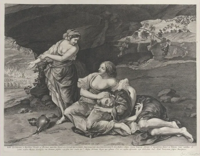 Framed Print : The drunkenness of Lot, who is asleep on his daughters lap at center, while his other... ca. 1628. Creator: Lucas Vorsterman Framed Print : The drunkenness of Lot, who is asleep on his daughters lap at center, while his other... ca. 1628. Creator: Lucas Vorsterman