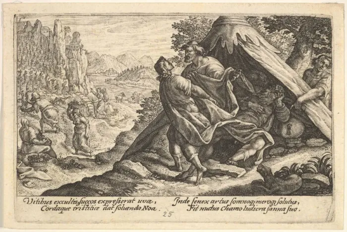 Framed Print : Drunkenness of Noah: Shem and Japheth cover the naked body of Noah, who lies in a tent Framed Print : Drunkenness of Noah: Shem and Japheth cover the naked body of Noah, who lies in a tent