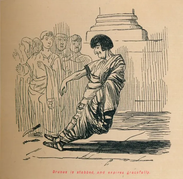 Framed Print : Drusus is stabbed, and expires gracefully, 1852. Artist: John Leech Framed Print : Drusus is stabbed, and expires gracefully, 1852. Artist: John Leech