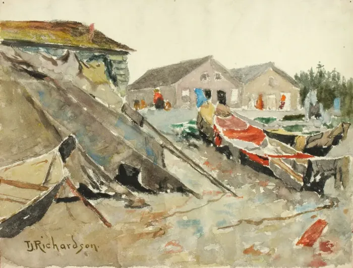 Framed Print : Drying Blankets over Canoes, ca. 1890-1914. Creator: Theodore J. Richardson Framed Print : Drying Blankets over Canoes, ca. 1890-1914. Creator: Theodore J. Richardson