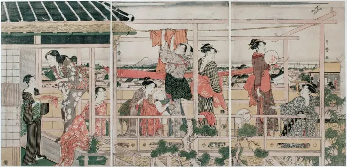 Framed Print : Drying Clothes, c. 1790. Artist: Utamaro, Kitagawa (1753-1806) Framed Print : Drying Clothes, c. 1790. Artist: Utamaro, Kitagawa (1753-1806)