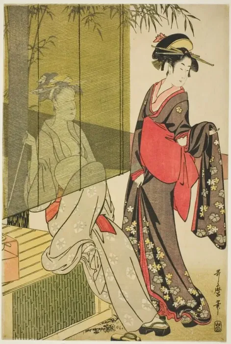 Framed Print : Drying and stretching cloth, Japan, c. 1796 / 97. Creator: Kitagawa Utamaro Framed Print : Drying and stretching cloth, Japan, c. 1796 / 97. Creator: Kitagawa Utamaro