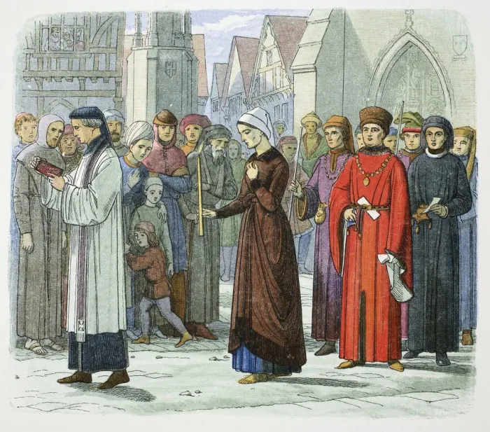 Framed Print : The Duchess of Gloucester does penance, 1441 (1864). Artist: James William Edmund Doyle Framed Print : The Duchess of Gloucester does penance, 1441 (1864). Artist: James William Edmund Doyle