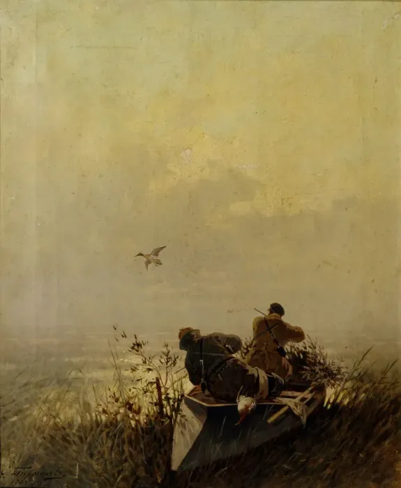 Framed Print : Duck Hunting, 1905. Artist: Tichmenev, Evgeny Alexandrovich (1869-1934) Framed Print : Duck Hunting, 1905. Artist: Tichmenev, Evgeny Alexandrovich (1869-1934)