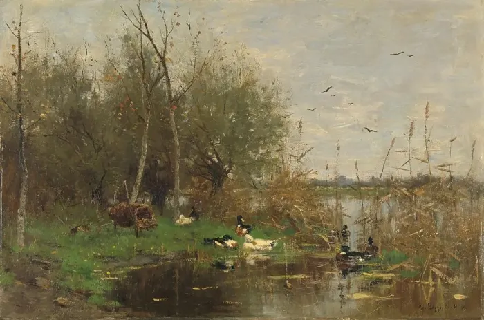 Framed Print : Ducks beside a duck shelter on a ditch, 1884. Creator: George Poggenbeek Framed Print : Ducks beside a duck shelter on a ditch, 1884. Creator: George Poggenbeek