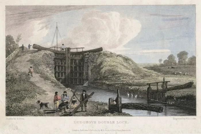 Framed Print : Dudgrove double lock above Lechlade, Thames and Severn Canal, 1814. Artist: William Bernard Cooke Framed Print : Dudgrove double lock above Lechlade, Thames and Severn Canal, 1814. Artist: William Bernard Cooke
