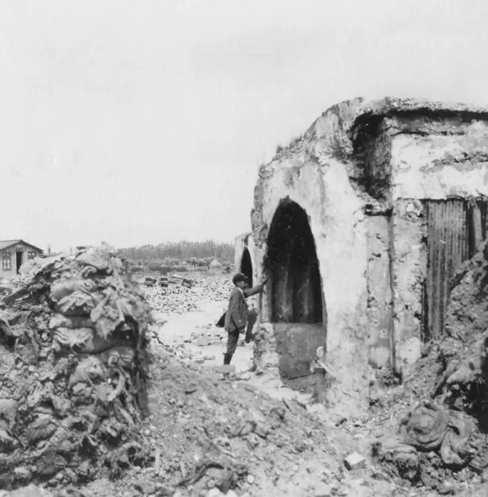 Framed Print : Dugout made of concrete and lined with corrugated iron, World War I, c1914-c1918. Artist: Nightingale & Co Framed Print : Dugout made of concrete and lined with corrugated iron, World War I, c1914-c1918. Artist: Nightingale & Co
