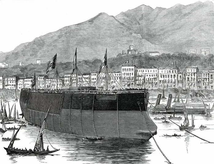 Framed Print : The Duilio, Italian Ironclad, recently launched at Castellamare, Bay of Naples, 1876. Creator: Unknown Framed Print : The Duilio, Italian Ironclad, recently launched at Castellamare, Bay of Naples, 1876. Creator: Unknown