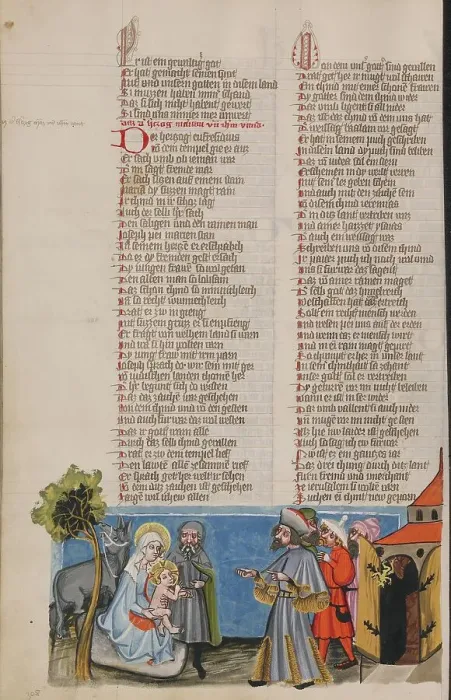 Framed Print : The Duke Aphrodisius before the Holy Family; Weltchronik, about 1400-1410. Creator: Unknown Framed Print : The Duke Aphrodisius before the Holy Family; Weltchronik, about 1400-1410. Creator: Unknown
